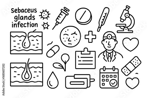 Sebaceous Gland Doodle. Hand-drawn doodle illustration sebaceous glands gland infection bacteria, sebaceous glands, syringe, pill,