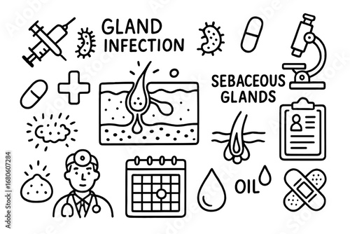 Sebaceous Gland Doodle. Hand-drawn doodle illustration sebaceous glands gland infection bacteria, sebaceous glands, syringe, pill,