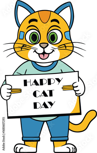 Joyful cartoon cat celebrating international cat day holding a festive banner