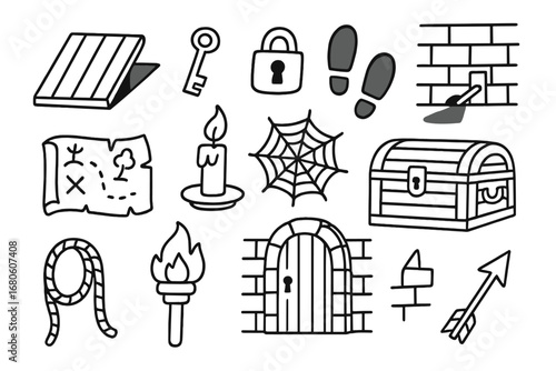 Secret Trapdoor Icons. Hand-drawn doodle illustration hidden trapdoor trapdoor, key, lock, hidden lever, shadow, footprints, map,