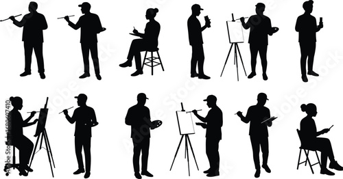 Artist silhouette vector illustration, drawing on canvas, holding paintbrush, sketching poses, art studio scene, creative painter characters, seated and standing artist clipart
