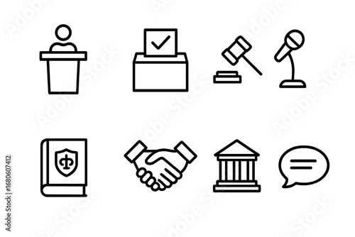 Senator Duties Icons. Outline icon set of senator duties: podium, voting ballot, gavel, microphone, law book, handshake,