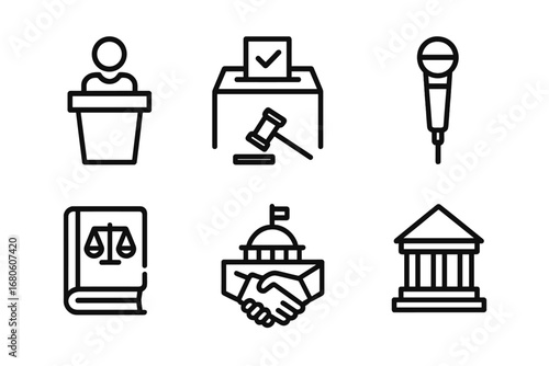 Senator Duties Icons. Outline icon set of senator duties: podium, voting ballot, gavel, microphone, law book, handshake,