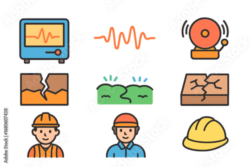 Seismic Activity Icons. Flat vector mini-illustrations seismic activity in colors children's illustrations: seismograph,