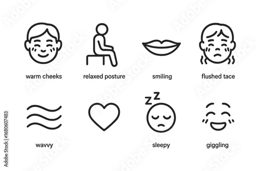 Icon Sets of Relief. Outline icon set of buzzed sensations: warm cheeks, relaxed posture, smiling mouth, flushed face, wavy lines,