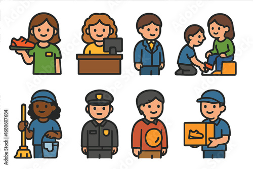 Shoe Store Characters. Flat vector mini-illustrations shoe store staff in colors children's illustrations: sales assistant,