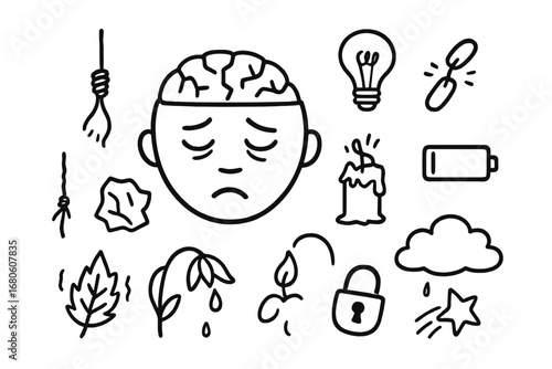 Signs of Exhaustion. Hand-drawn doodle illustration mental weakness tired face, cracked brain, fading light bulb, broken chain,