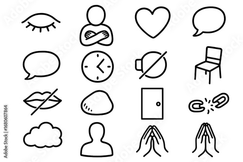 Silent Symbols. Hand-drawn doodle illustration ignoring closed eyes, blank face, crossed arms, fading heart, empty bubble, clock,