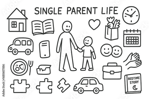 Single Parent Journey Doodle. Hand-drawn doodle illustration single parent life parent and child holding hands, house, school
