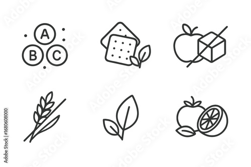 Snack Health Icons. Outline icon set of snack health benefits: vitamins, protein, fiber, low sugar, gluten-free, vegan, organic,