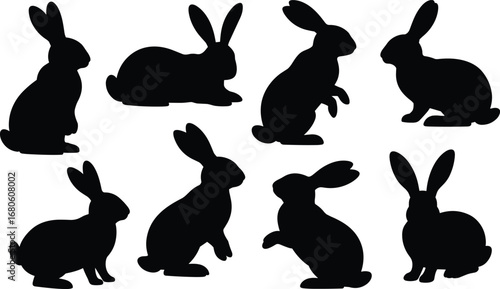 Silhouette Vector Set of Cute Rabbits in Various Poses Perfect for Easter, Spring Designs, Kids Crafts and Nature Themes