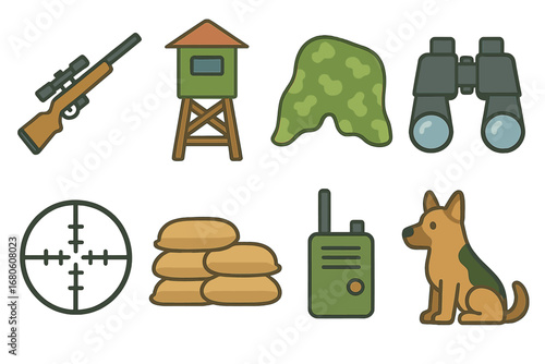 Sniper Tower Icons. Flat vector mini-illustrations sniper tower in colors children's illustrations: sniper rifle, lookout tower,