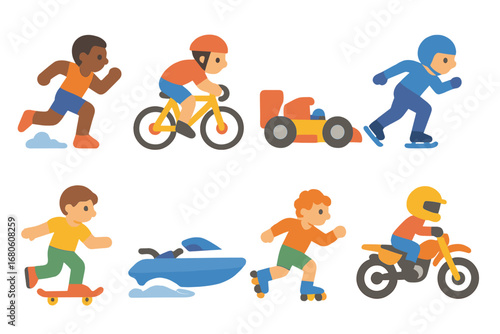 Speed Sports Icons. Flat vector mini-illustrations speed sports in colors children's illustrations: sprinting athlete, bicycle