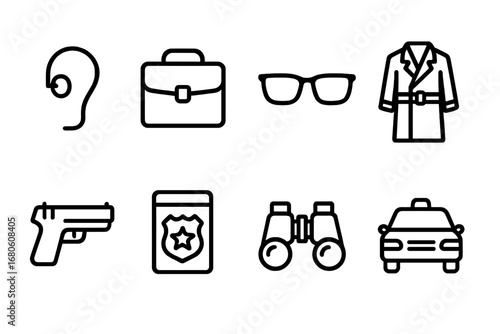Spy Icon Set. Outline icon set of secret agents: earpiece, briefcase, sunglasses, trench coat, pistol, badge, binoculars, car.