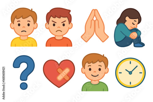 Stages of Grief Icons. Flat vector mini-illustrations stages of grief in colors children's illustrations: denial face, anger