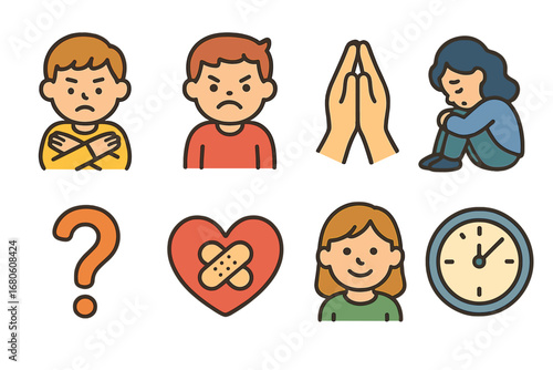 Stages of Grief Icons. Flat vector mini-illustrations stages of grief in colors children's illustrations: denial face, anger