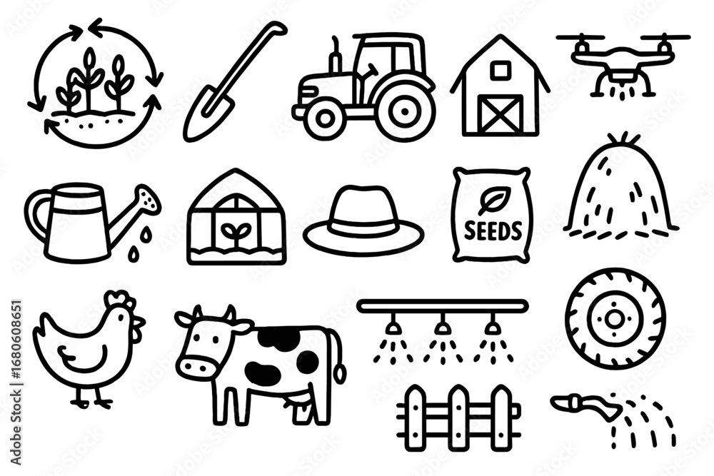 Fototapeta premium Sustainable Farming Icons. Hand-drawn doodle illustration Sustainable farming practices crop rotation icon, plow, tractor, barn,