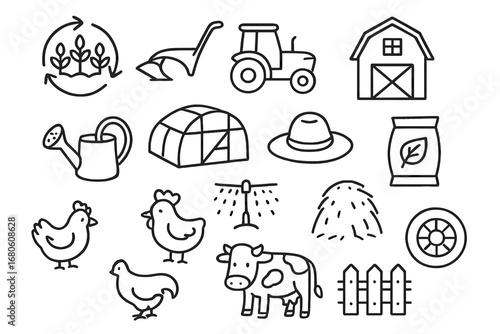 Sustainable Farming Icons. Hand-drawn doodle illustration Sustainable farming practices crop rotation icon, plow, tractor, barn,