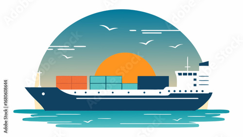 world maritime day Illustration of a cargo ship carrying containers sailing on the ocean with a sunset and birds in the sky silhouette
