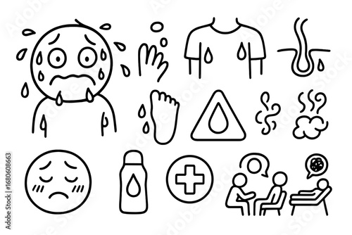 Sweating Symptoms Doodle. Hand-drawn doodle illustration excessive sweating sweat drop, nervous face, body outline, sweat gland,