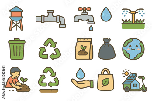 Sustainable Kids' Icons. Flat vector mini-illustrations water distribution in colors children's illustrations: water tower, pipe