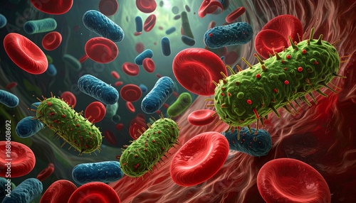 Microscopic view of bacteria and red blood cells interacting within a blood vessel.