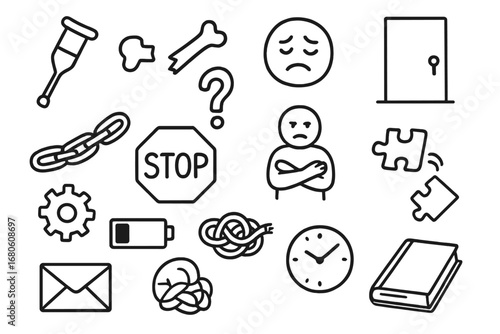 Symbolic Inactivity Icons. Hand-drawn doodle illustration physical inability crutch, broken bone, tired face, locked door, heavy