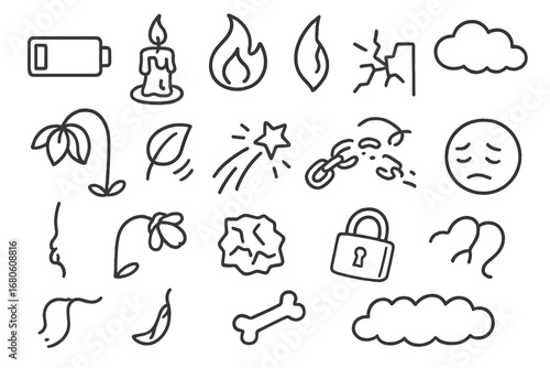 Symbols of Fragility. Hand-drawn doodle illustration fading strength empty battery, melting candle, fading flame, cracked glass,