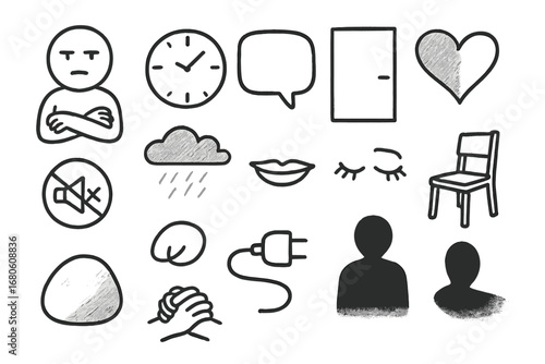 Symbols of Indifference. Hand-drawn doodle illustration indifference blank face, crossed arms, clock, empty speech bubble, closed