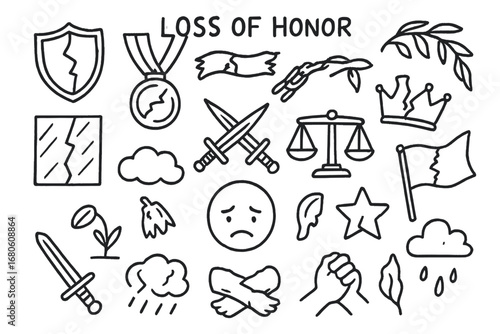 Symbols of Loss. Hand-drawn doodle illustration loss of honor broken shield, cracked medal, torn ribbon, shattered glass, fallen