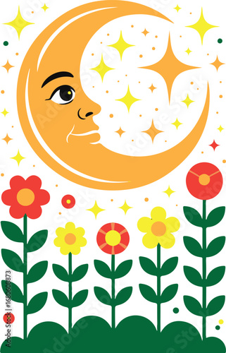 Whimsical crescent moon with flowers and stars