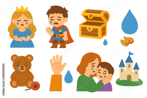Tearful Tales Icons. Flat vector mini-illustrations tears in storytelling in colors children's illustrations: sad princess, crying