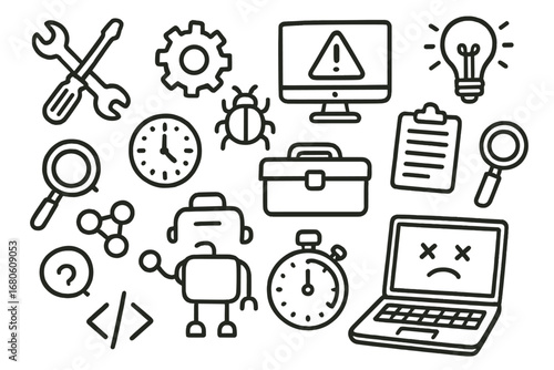 Technical Doodle Icons. Hand-drawn doodle illustration technical troubleshooting wrench, screwdriver, gear, bug icon, computer,