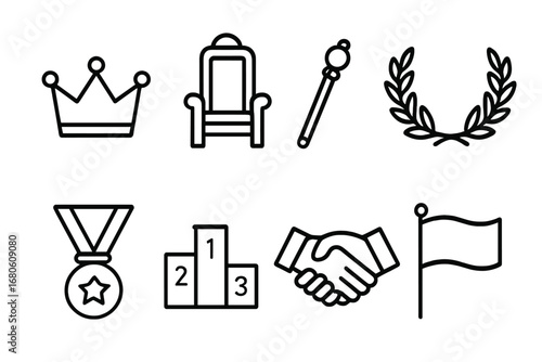 Territorial Hierarchy Icons. Outline icon set of territorial hierarchy: crown, throne, scepter, laurel wreath, medal, podium,