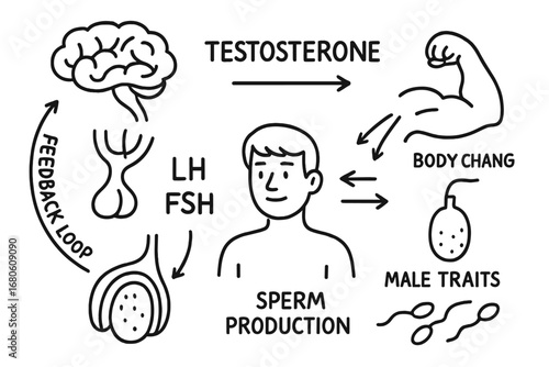 Testosterone Diagram Icons. Hand-drawn doodle illustration male hormones testosterone icon, testicle, LH hormone, FSH symbol,
