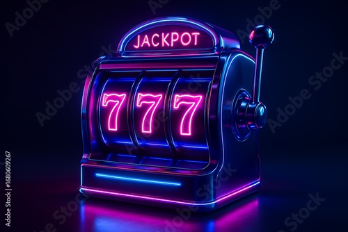 Casino jackpot concept glowing neon slot machine winning combination 777 gambling entertainment fortune wealth colorful light gaming success risk betting nightlife and digital opportunity