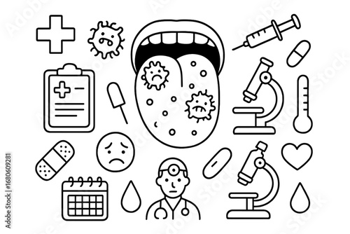 Tongue Infection Doodles. Hand-drawn doodle illustration tongue infection bacteria, tongue, syringe, pill, microscope, thermometer