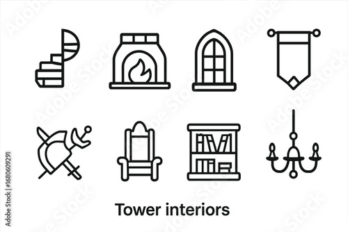 Tower and Heraldry Icons. Outline icon set of tower interiors: spiral staircase, fireplace, window, banner, armory, throne,