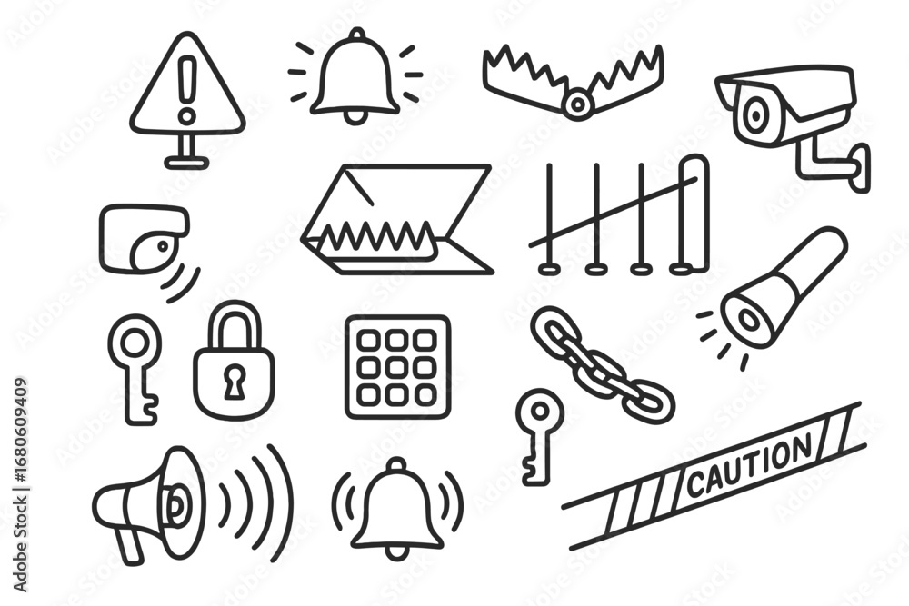 Fototapeta premium Trap Warning Icons. Hand-drawn doodle illustration trap warning warning sign, alarm, spikes, trapdoor, motion sensor, laser grid,