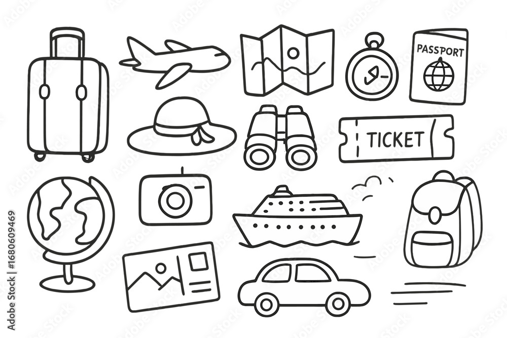 Fototapeta premium Travel Doodle Icons. Hand-drawn doodle illustration travel theme suitcase, airplane, camera, map, compass, passport, globe,