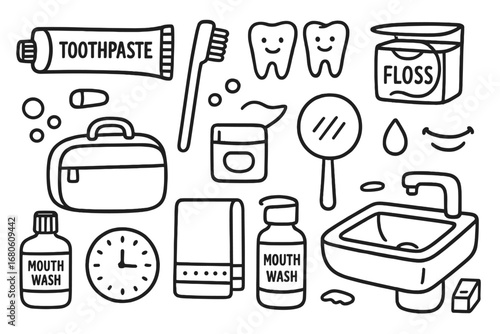 Travel Dental Kit Doodles. Hand-drawn doodle illustration travel dental kit toothpaste tube, travel toothbrush, toothpaste cap,