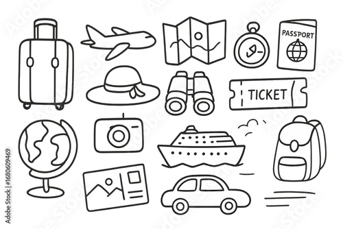 Travel Doodle Icons. Hand-drawn doodle illustration travel theme suitcase, airplane, camera, map, compass, passport, globe,