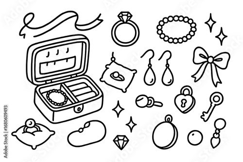 Travel Jewelry Doodle. Hand-drawn doodle illustration travel jewelry box compact box, ring, necklace, earrings, bracelet, velvet
