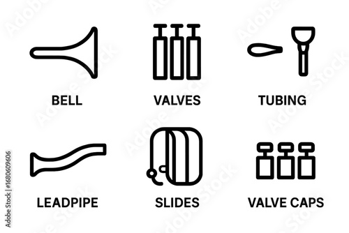 Trumpet Parts Icons. Outline icon set of trumpet components: bell, valves, mouthpiece, tubing, leadpipe, slides, water key, valve