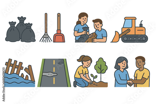Tsunami Cleanup Icons. Flat vector mini-illustrations tsunami aftermath cleanup in colors children's illustrations: trash bags,