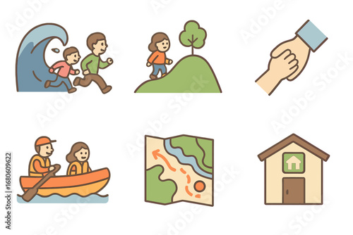 Tsunami Evacuation Icons. Flat vector mini-illustrations tsunami evacuation in colors children's illustrations: running people,