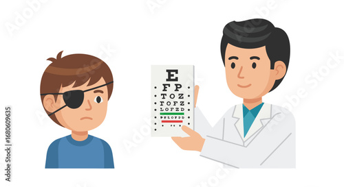 Doctor showing eye chart to child with eyepatch in examination room  