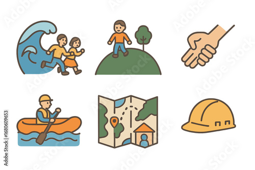 Tsunami Evacuation Icons. Flat vector mini-illustrations tsunami evacuation in colors children's illustrations: running people,