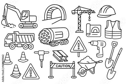 Tunnel Construction Doodles. Hand-drawn doodle illustration Tunnel construction excavator, dump truck, tunnel boring machine,