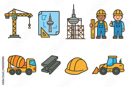 TV Tower Construction Icons. Flat vector mini-illustrations TV tower construction in colors children's illustrations: cranes,